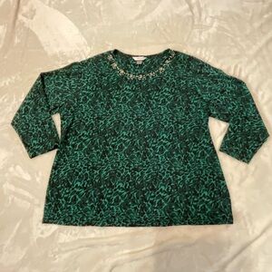 CJ Banks Green and Black Animal Print Long Sleeve Top 3X